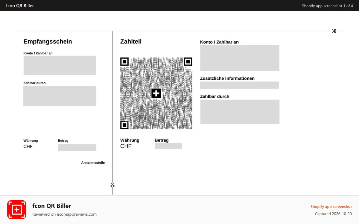 fcon QR Biller Shopify app screenshot: Official Swiss QR payment slip