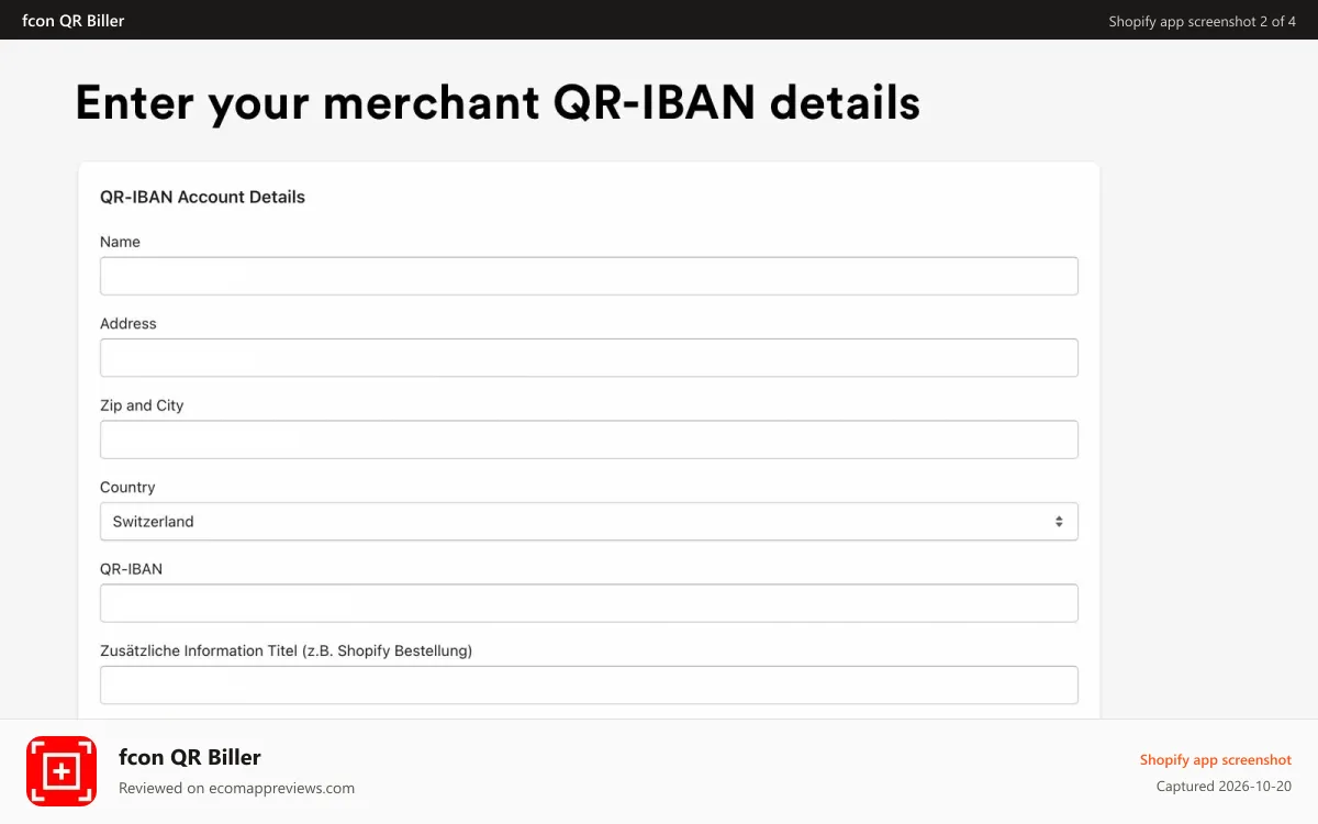 fcon QR Biller Shopify app screenshot: Enter your merchant information.