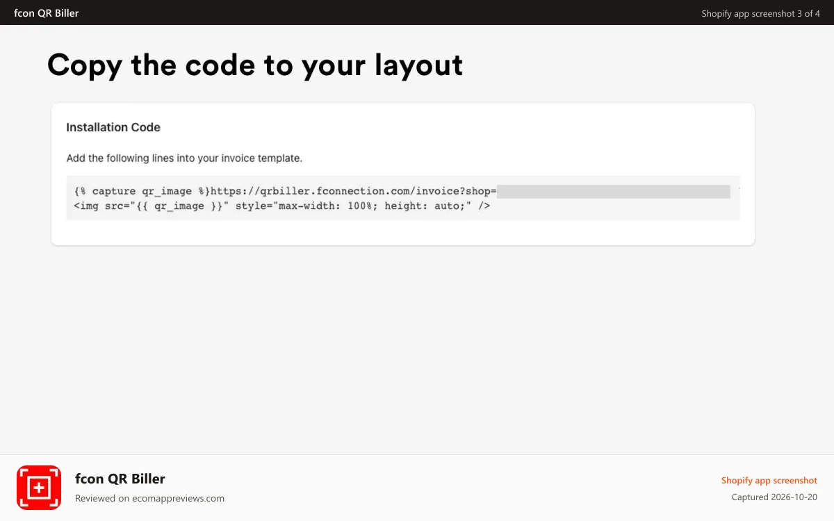 fcon QR Biller Shopify app screenshot: Copy the code to your invoice layout.