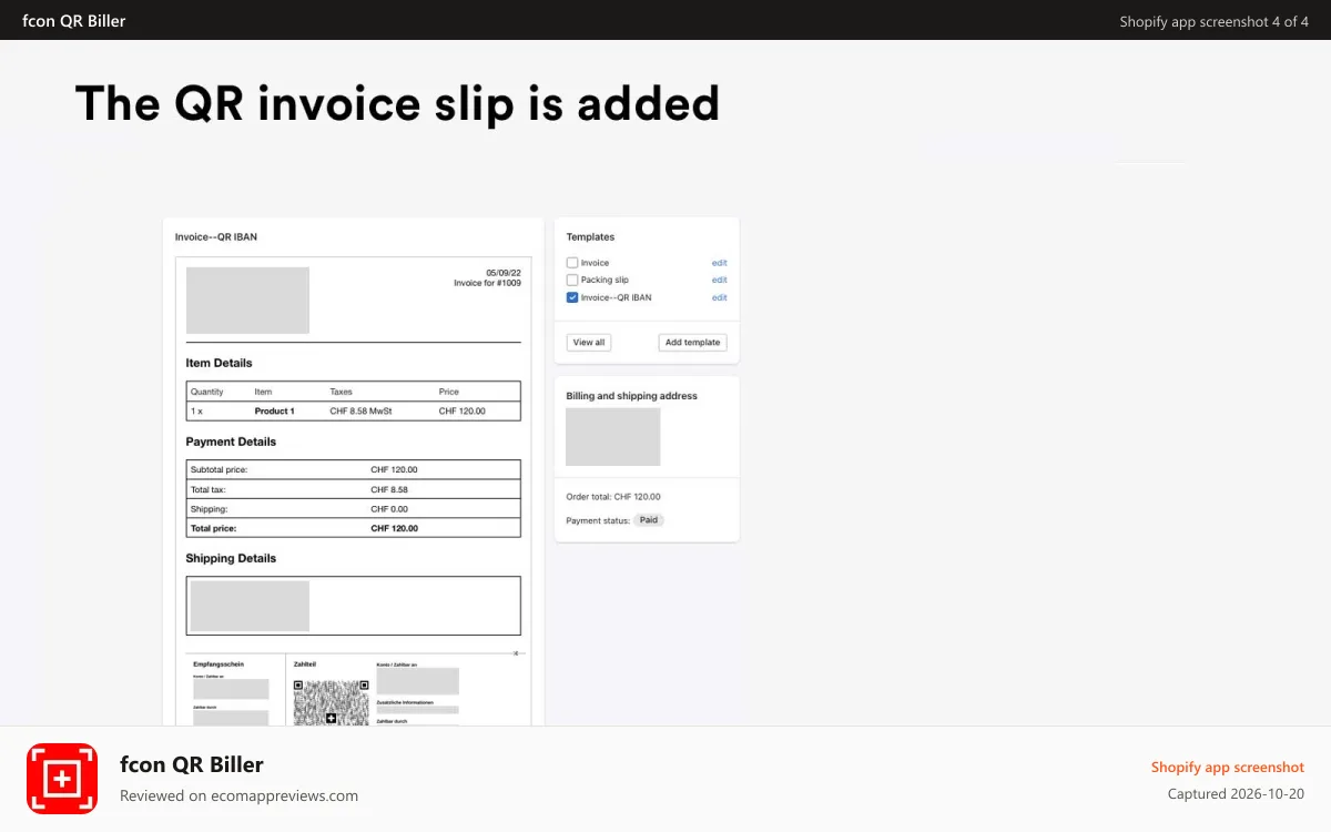 fcon QR Biller Shopify app screenshot: The Swiss QR payment slip is added to your invoice.