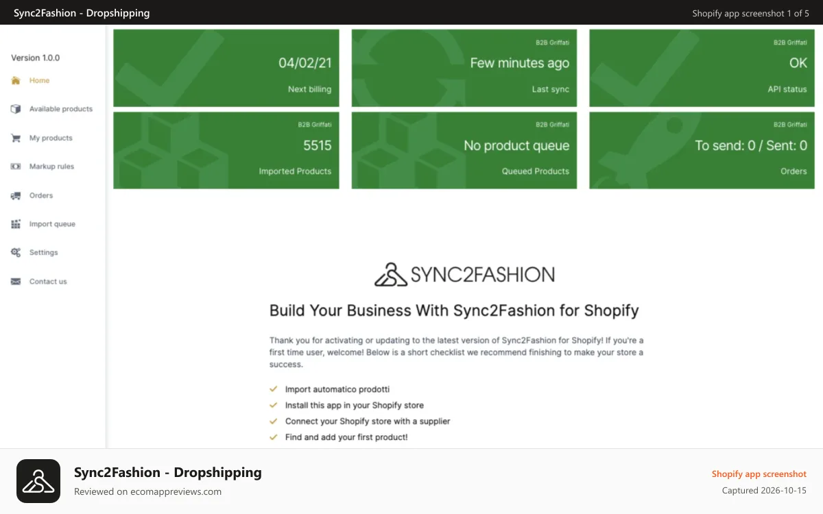 Sync2Fashion ‑ Dropshipping Shopify app screenshot: App Dashboard