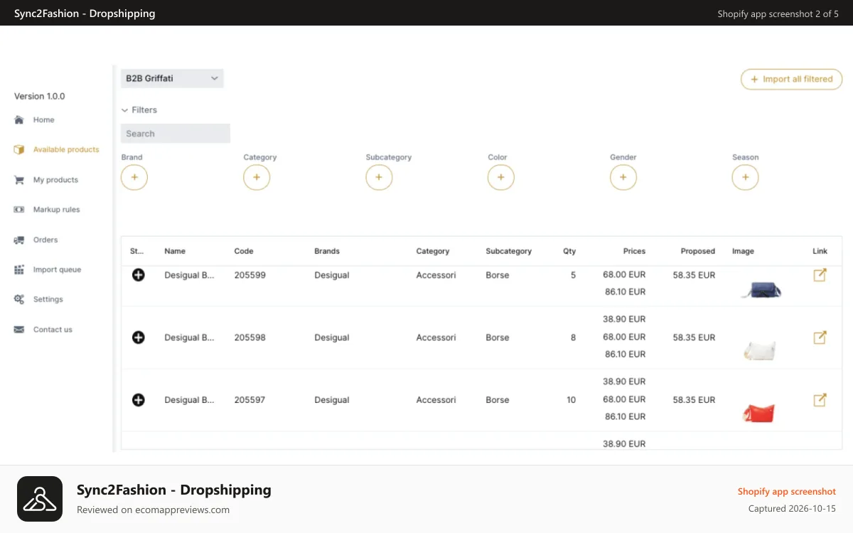 Sync2Fashion ‑ Dropshipping Shopify app screenshot: Product Import