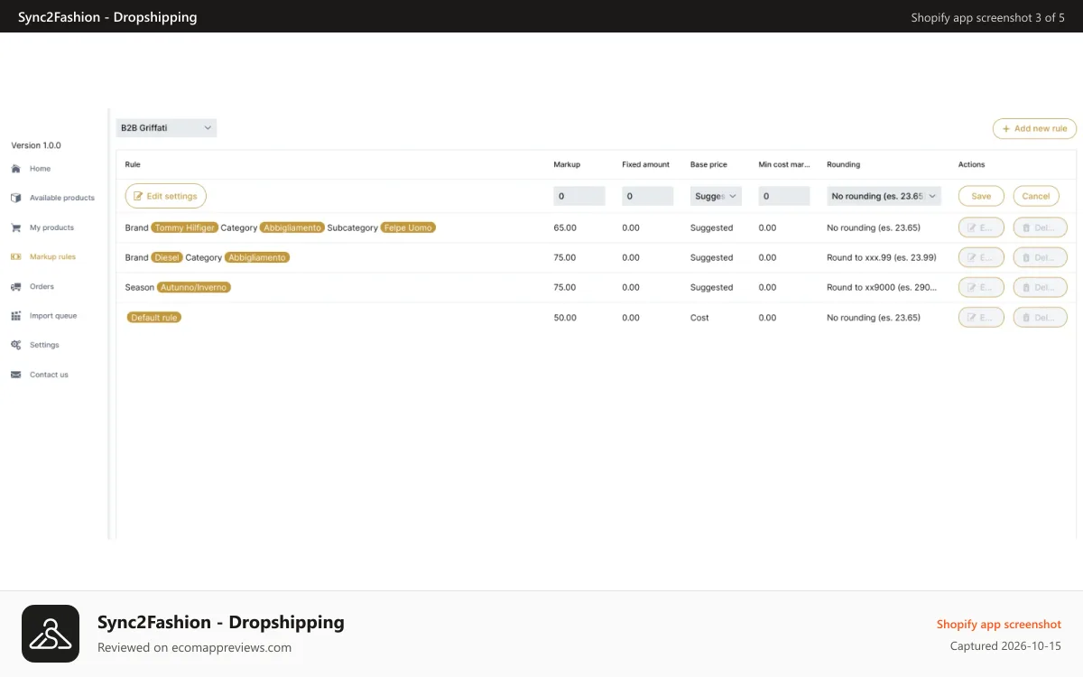 Sync2Fashion ‑ Dropshipping Shopify app screenshot: Mark-up Rules