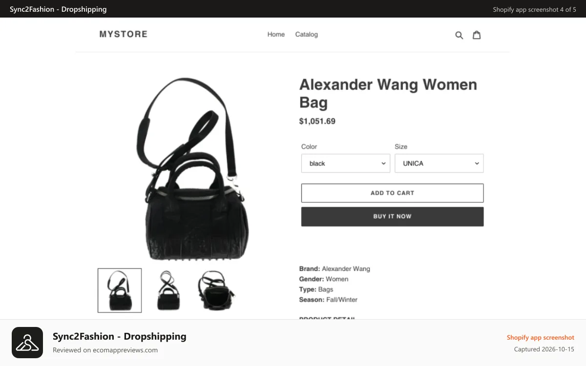 Sync2Fashion ‑ Dropshipping Shopify app screenshot: Product on Storefront view