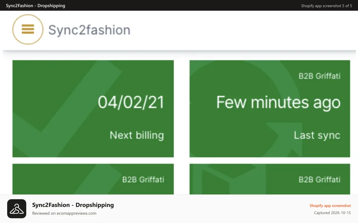 Sync2Fashion ‑ Dropshipping Shopify app screenshot: App Dashboard