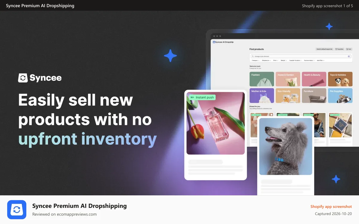 Syncee Premium AI Dropshipping Shopify app screenshot: Sell new products without holding inventory