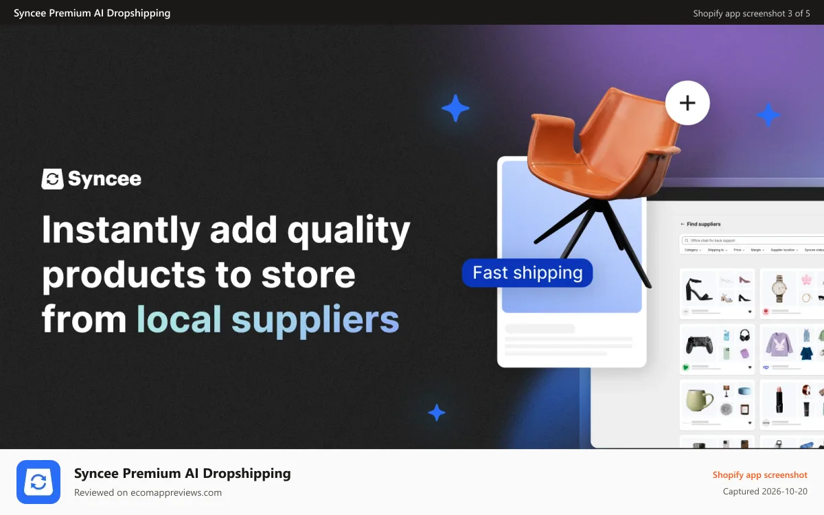 Syncee Premium AI Dropshipping Shopify app screenshot: Add quality products to store in a click
