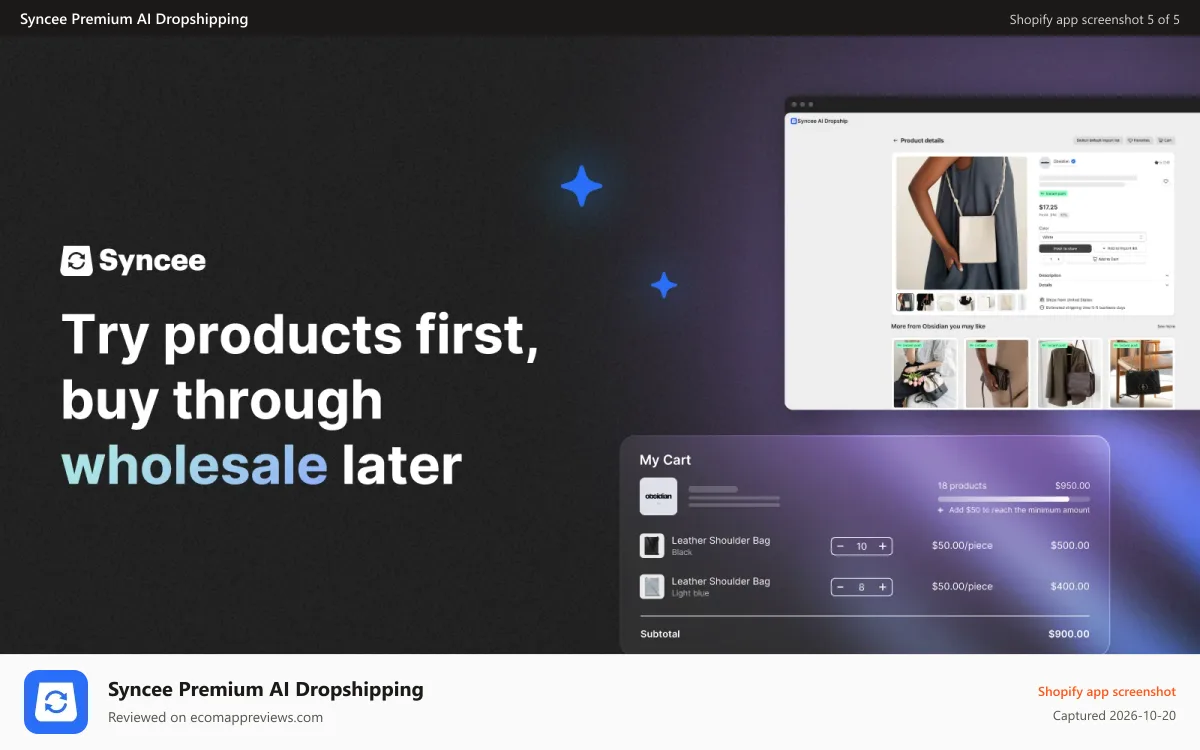 Syncee Premium AI Dropshipping Shopify app screenshot: Try first with dropshipping, buy wholesale later