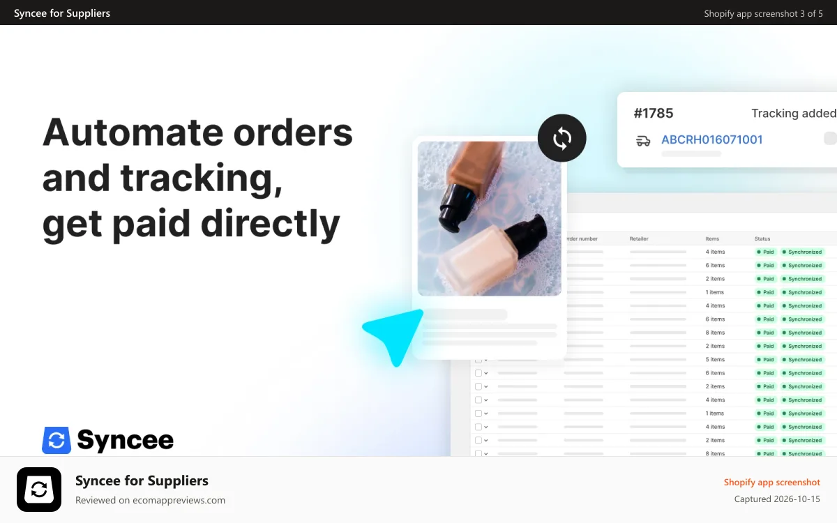 Syncee for Suppliers Shopify app screenshot: Automate orders and tracking
