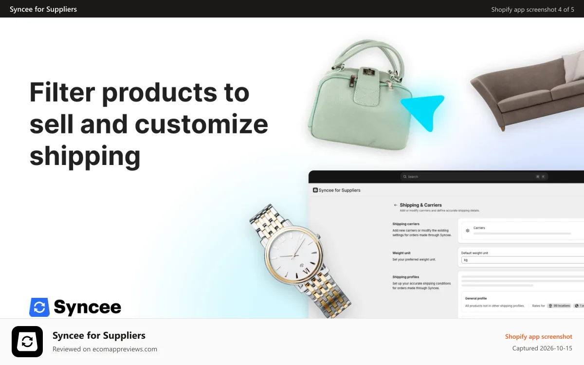 Syncee for Suppliers Shopify app screenshot: Filter products and customize shipping