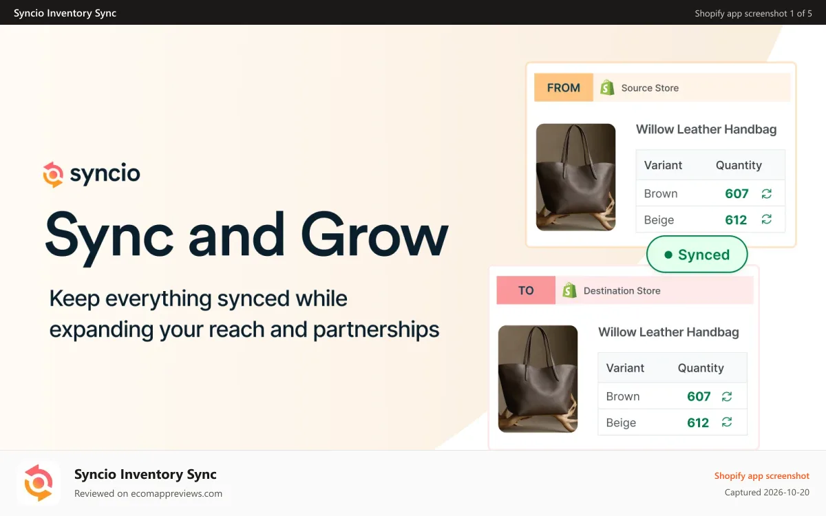 Syncio Inventory Sync Shopify app screenshot: Sync products & inventory, grow reach & partnerships with Syncio