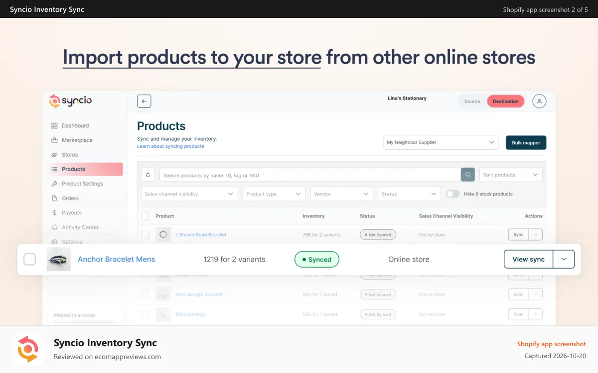 Syncio Inventory Sync Shopify app screenshot: Syncio's Products page showing imported products.
