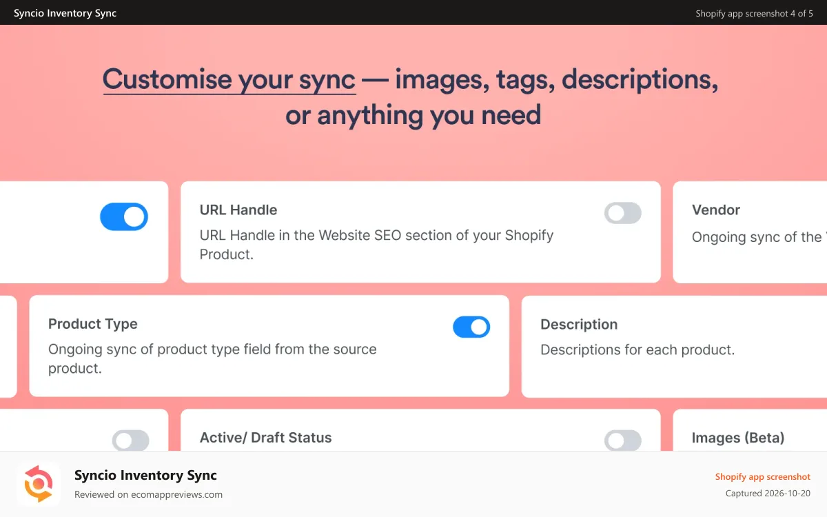 Syncio Inventory Sync Shopify app screenshot: Syncio settings allowing customization of product sync options.