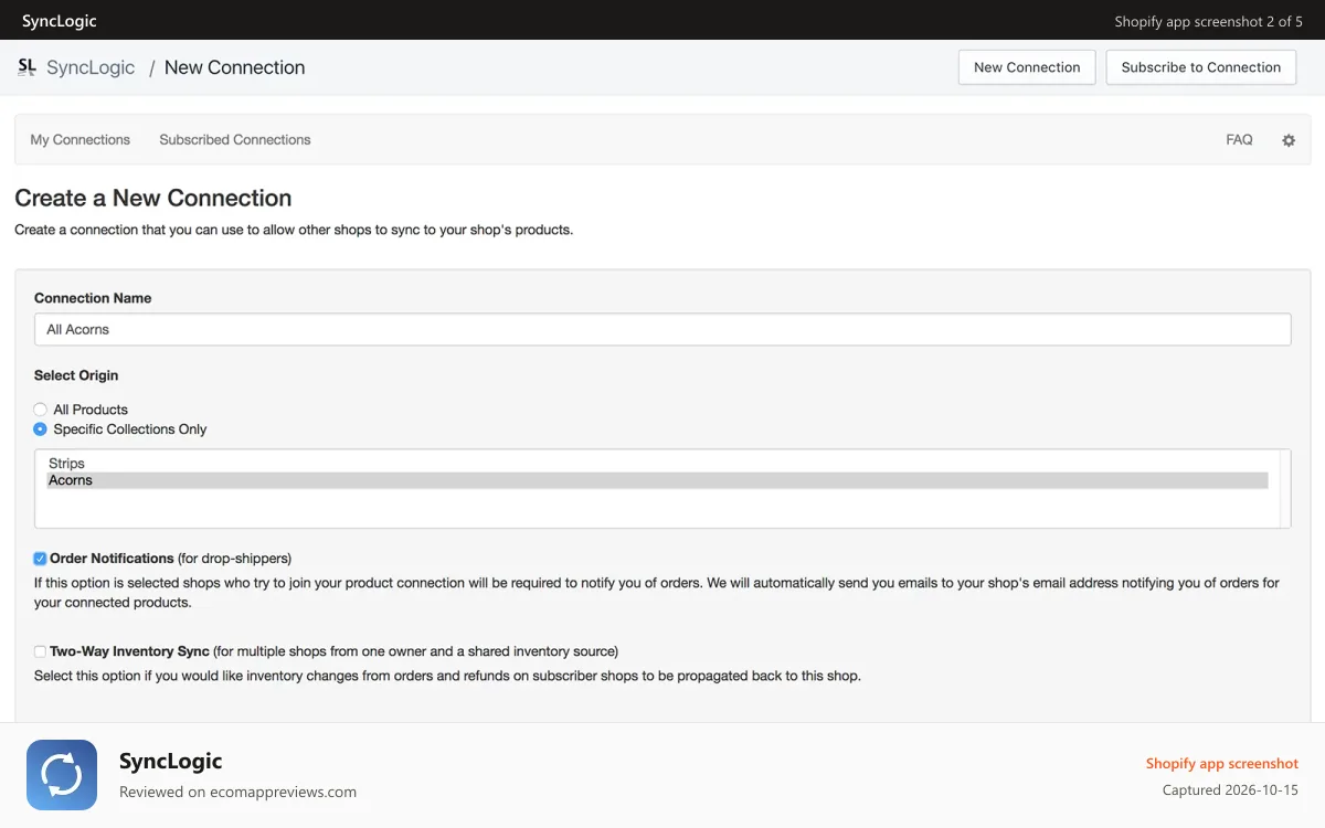 SyncLogic Shopify app screenshot: Creating a new connection to share with other shops