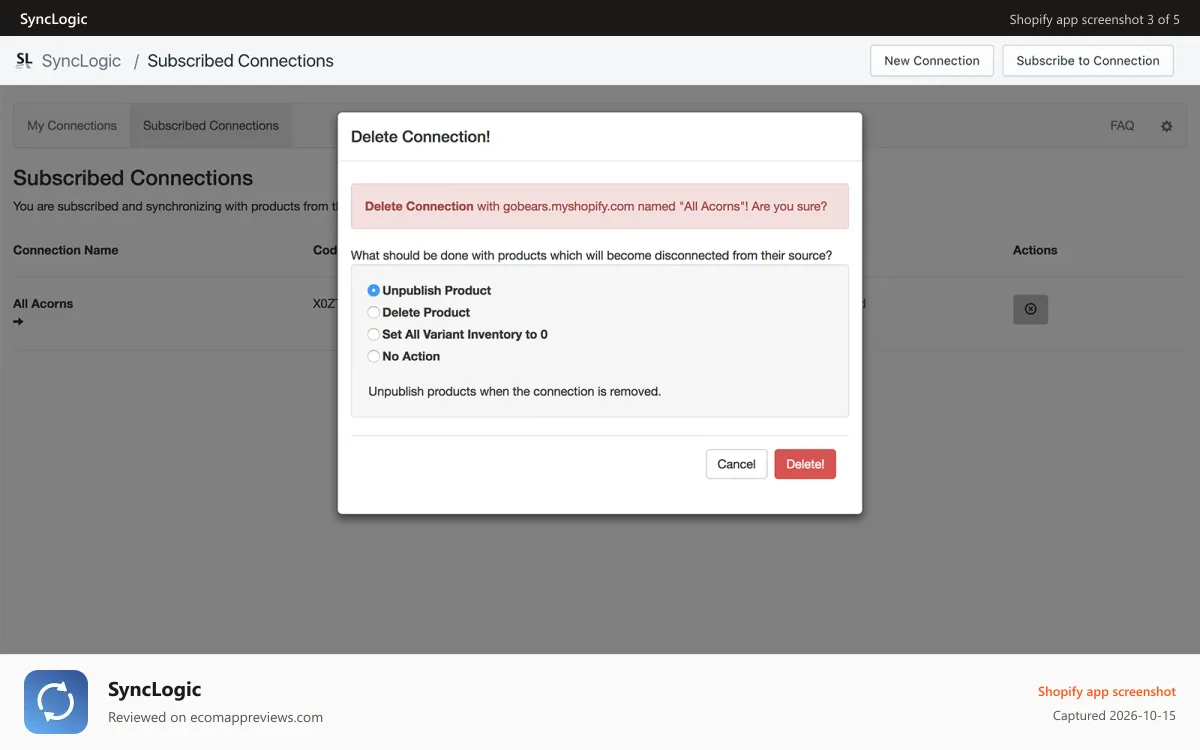 SyncLogic Shopify app screenshot: When disconnecting a connection you have the option to manage th