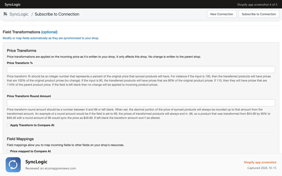 SyncLogic Shopify app screenshot: Optional field transforms when subscribing to a connection