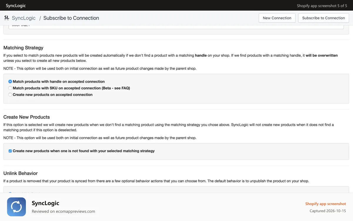 SyncLogic Shopify app screenshot: Configuring a connection subscription