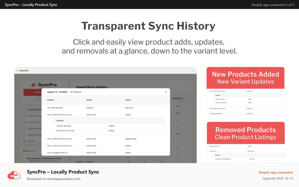SyncPro – Locally Product Sync Shopify app screenshot: Transparent Sync History - Updated, Added and Removed Products