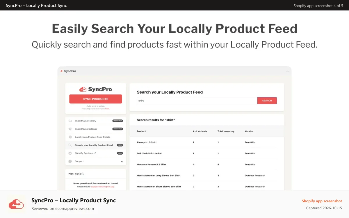 SyncPro – Locally Product Sync Shopify app screenshot: Easily Search your Locally Product Feed