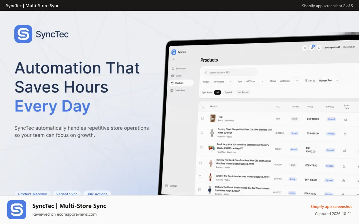 SyncTec | Multi‑Store Sync Shopify app screenshot: Automation that saves hours every day