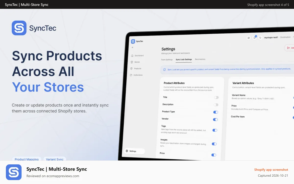 SyncTec | Multi‑Store Sync Shopify app screenshot: Sync products across all your stores