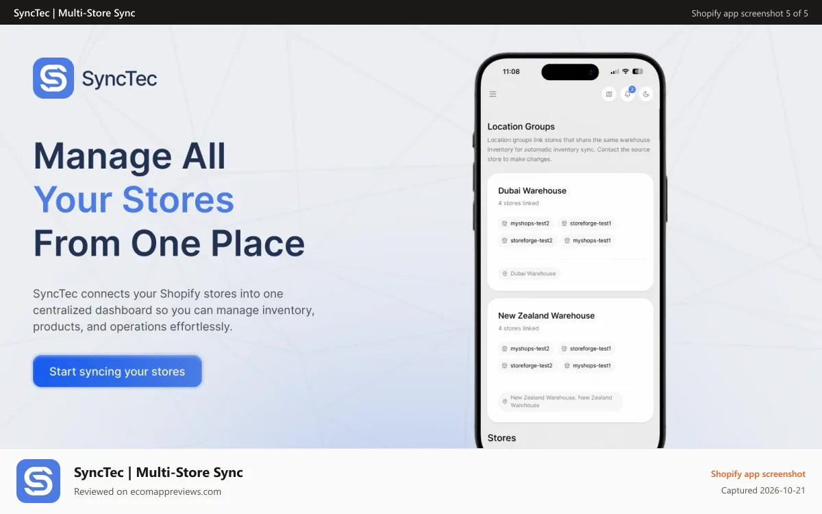 SyncTec | Multi‑Store Sync Shopify app screenshot: Manage all your stores from one place