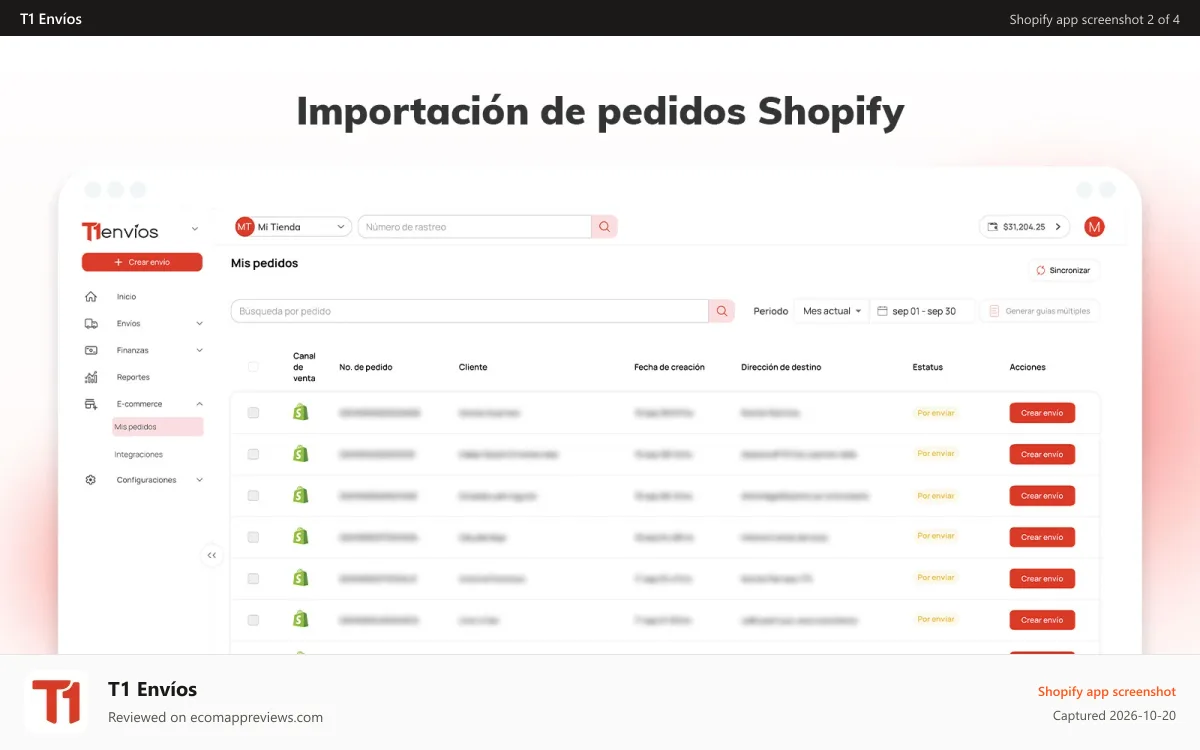 T1 Envíos Shopify app screenshot: Importación de pedidos