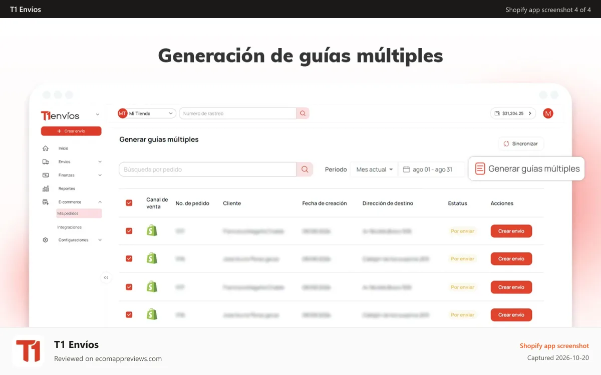 T1 Envíos Shopify app screenshot: Generar guía de forma manual