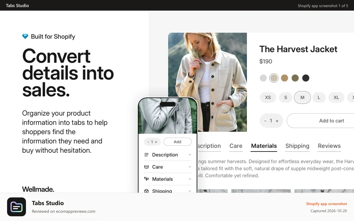Tabs Studio Shopify app screenshot: Product tabs, simplified. Tabs from heading, shared tabs, & more