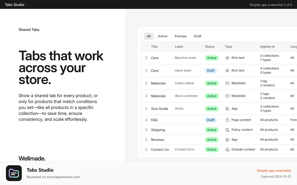 Tabs Studio Shopify app screenshot: Show a shared tab on all products, or only some products