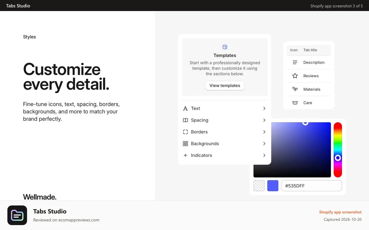 Tabs Studio Shopify app screenshot: Customize icons, text, spacing, backgrounds, borders, and more