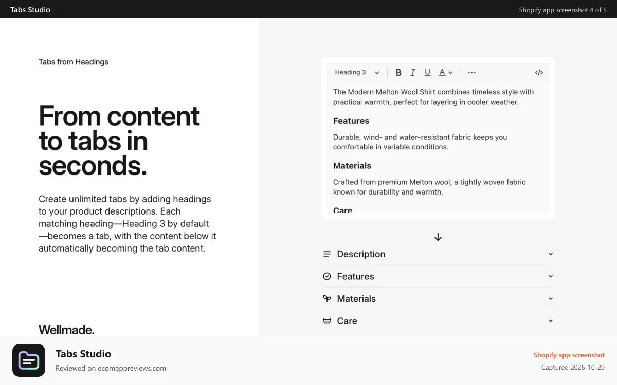 Tabs Studio Shopify app screenshot: Create tabs by adding headings to the product description
