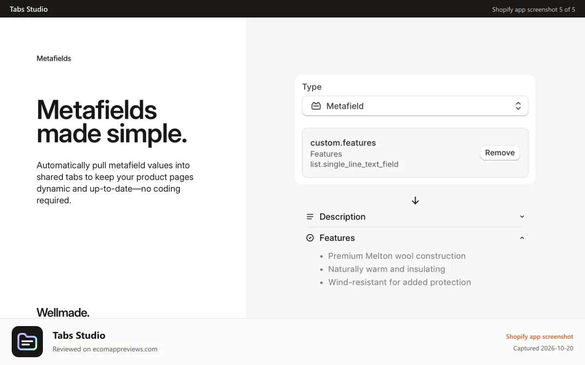 Tabs Studio Shopify app screenshot: Show a metafield value in a shared tab