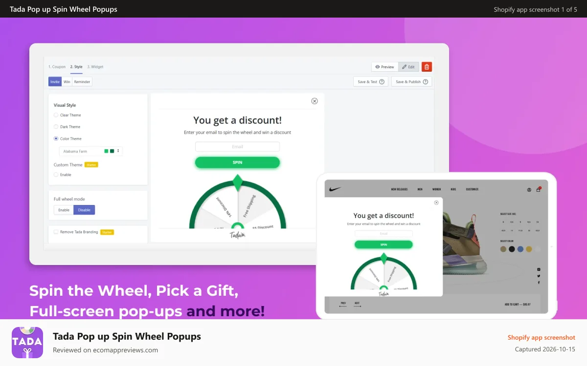 Tada Pop up Spin Wheel Popups Shopify app screenshot: Spin the Wheel, Pick a Gift, Full-screen / Half-screen pop-ups a
