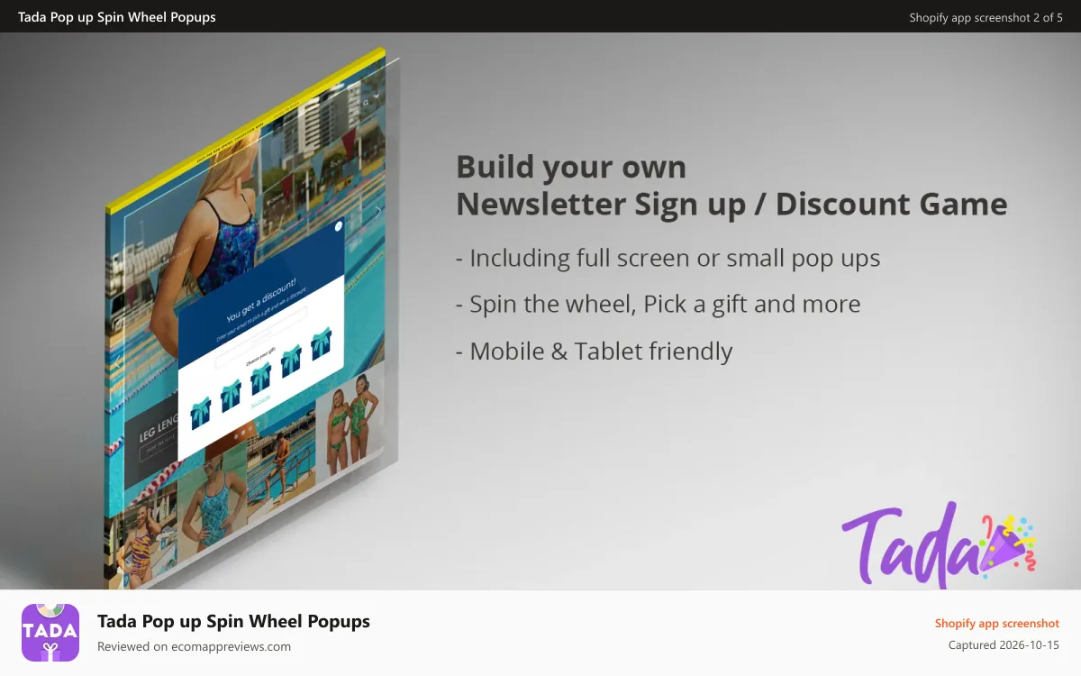 Tada Pop up Spin Wheel Popups Shopify app screenshot: Mobile & Tablet friendly, Spin the wheel, pick a gift & more