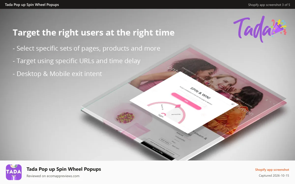 Tada Pop up Spin Wheel Popups Shopify app screenshot: Integrate with Shopify Email, MailChimp & Klaviyo