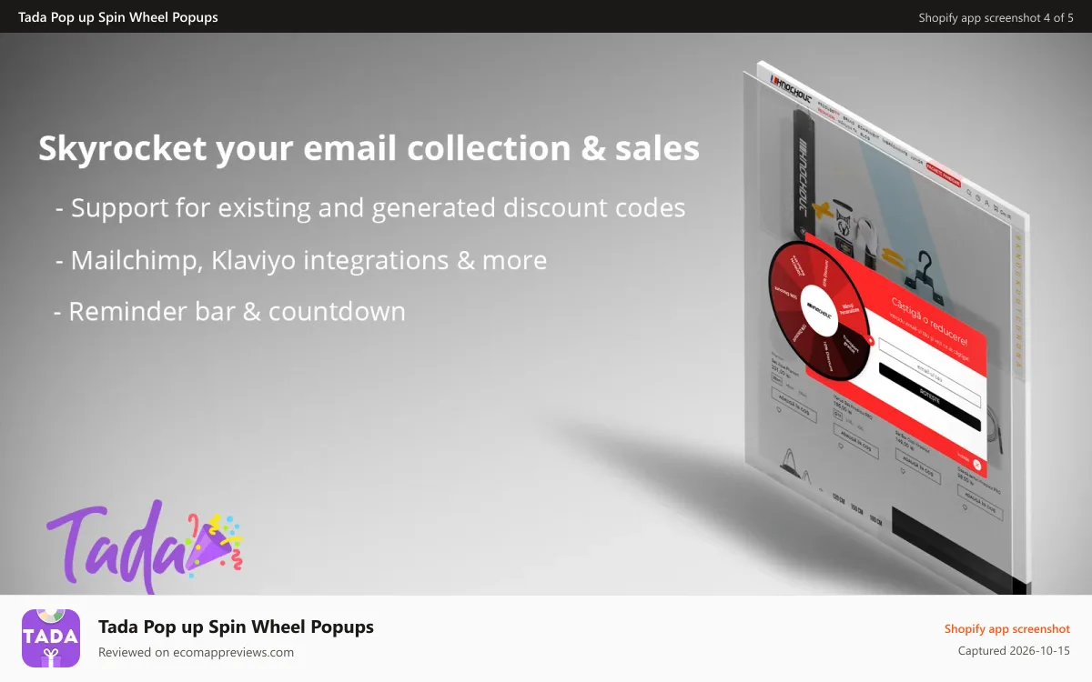 Tada Pop up Spin Wheel Popups Shopify app screenshot: Improve conversions through exit intent popup and email popup