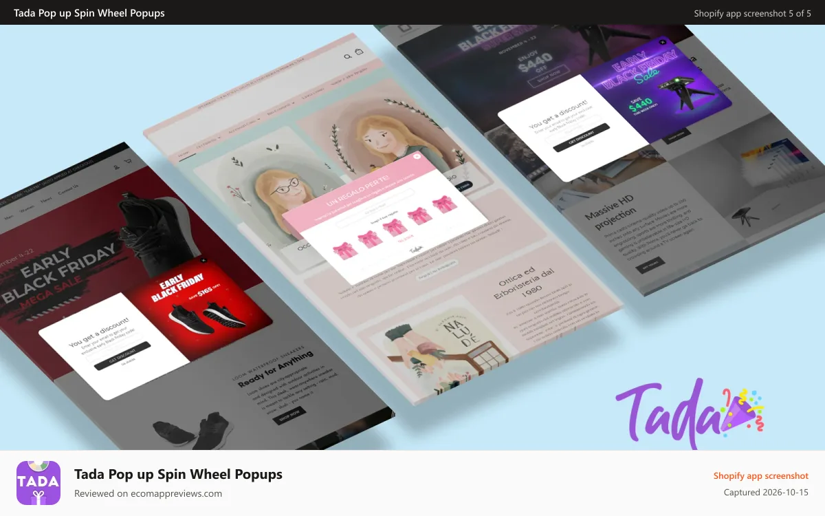 Tada Pop up Spin Wheel Popups Shopify app screenshot: Create beautiful custom designs popup banners with any theme