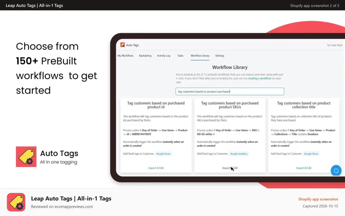 Leap Auto Tags | All‑in‑1 Tags Shopify app screenshot: Workflow library to get started quickly