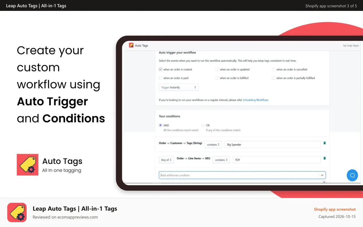 Leap Auto Tags | All‑in‑1 Tags Shopify app screenshot: Powerful workflow creator to build custom workflows