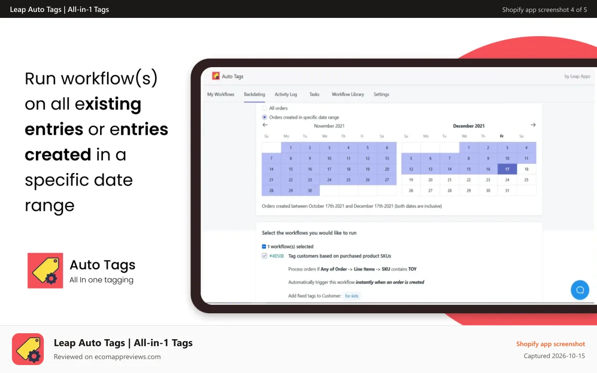 Leap Auto Tags | All‑in‑1 Tags Shopify app screenshot: Backdate workflows to tag existing entries