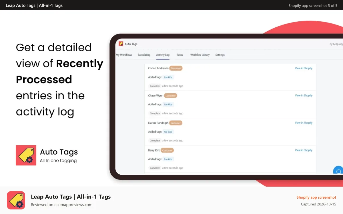 Leap Auto Tags | All‑in‑1 Tags Shopify app screenshot: Activity log to see recently processes entries