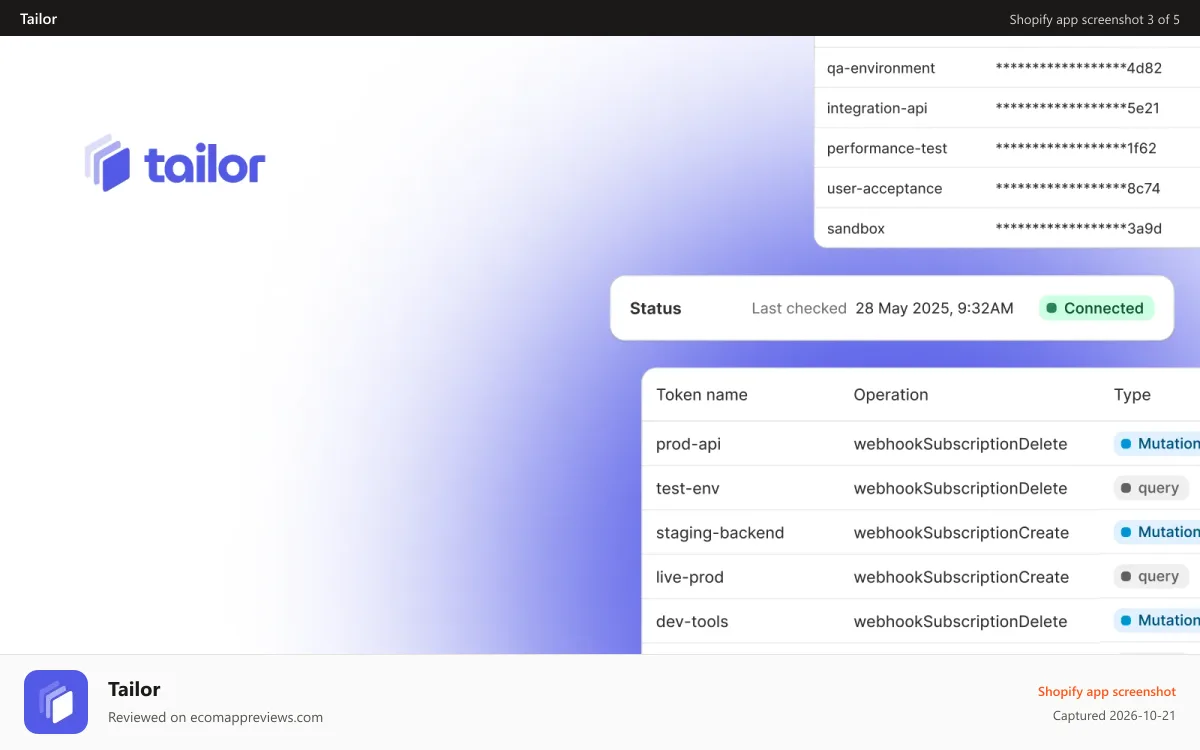 Tailor Shopify app screenshot: Tailor App in Shopify Admin