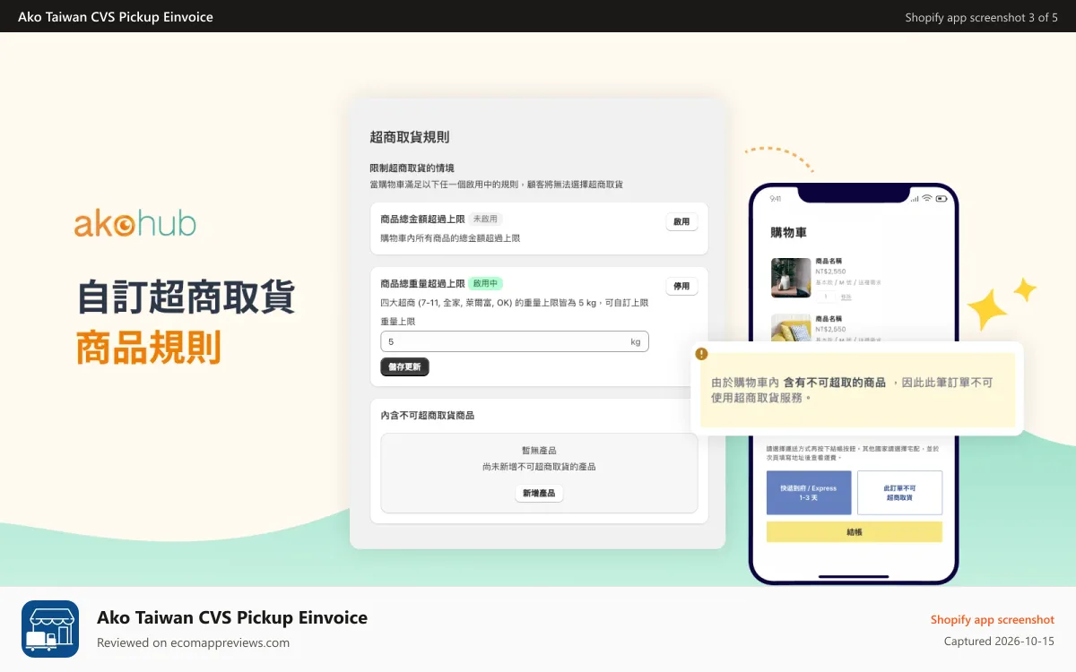 Ako Taiwan CVS Pickup Einvoice Shopify app screenshot: cvs-custom-rules