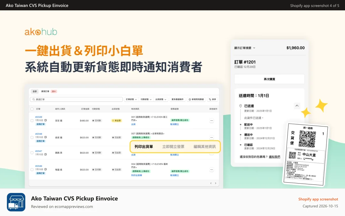 Ako Taiwan CVS Pickup Einvoice Shopify app screenshot: shipping-labels-and-status-updates