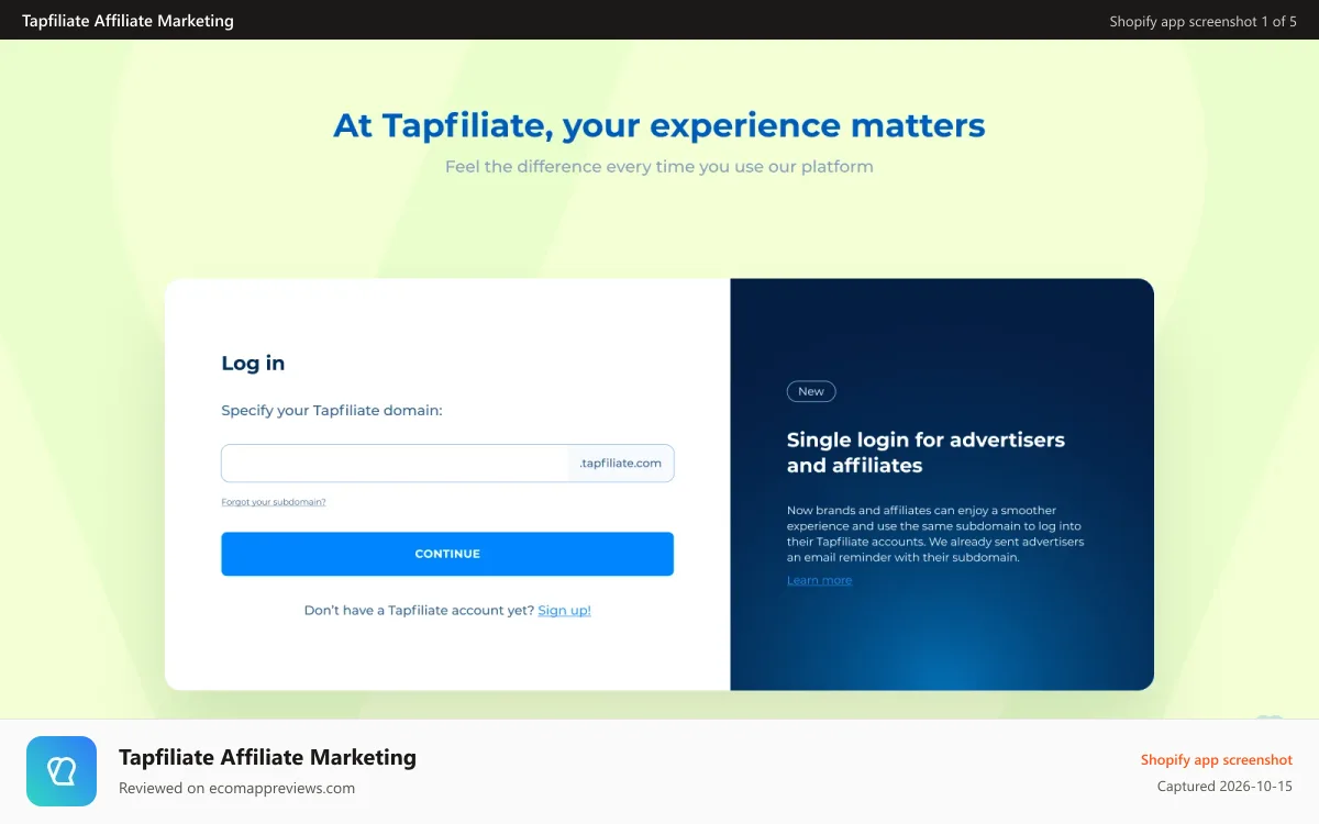 Tapfiliate Affiliate Marketing Shopify app screenshot: Advertiser (affiliate program manager) login - Tapfiliate