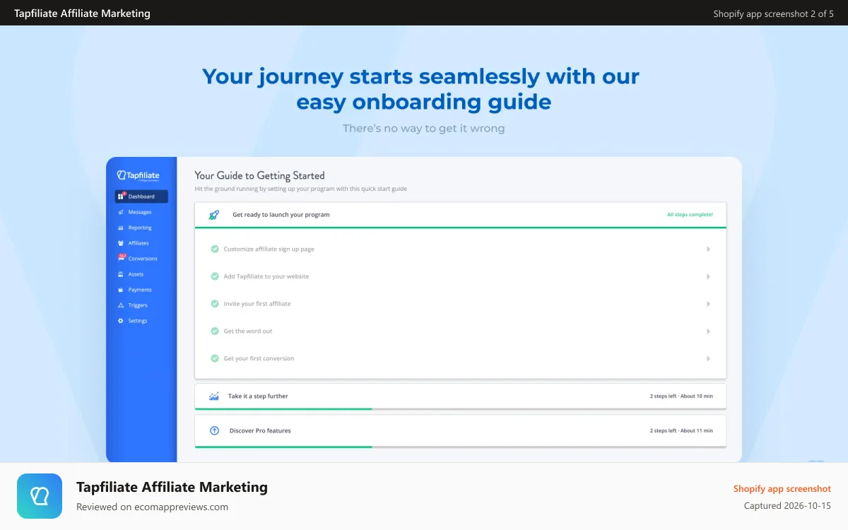 Tapfiliate Affiliate Marketing Shopify app screenshot: Easily set up your affiliate program in Tapfiliate