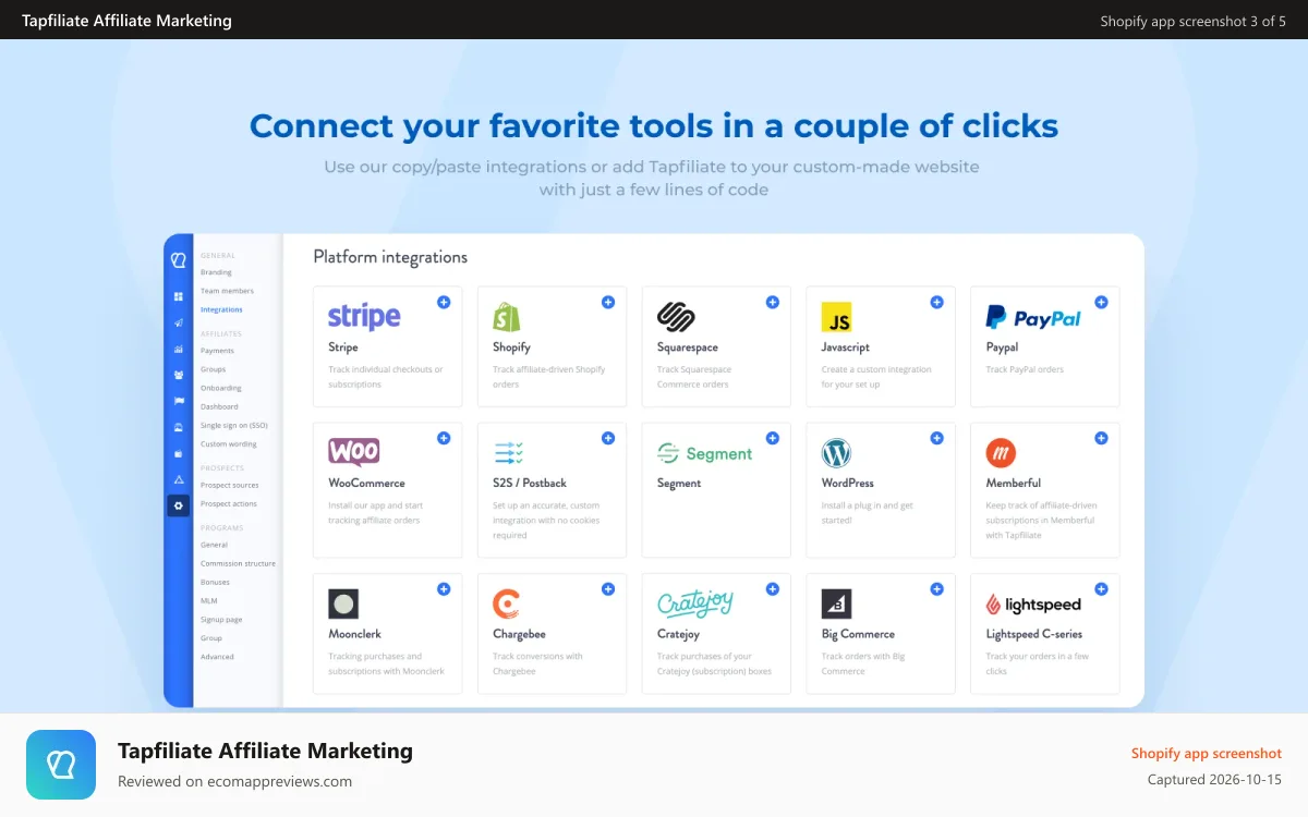Tapfiliate Affiliate Marketing Shopify app screenshot: Quick integration with 30+ popular tools and services