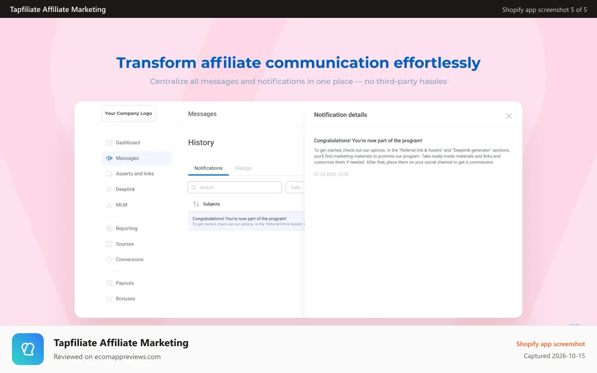 Tapfiliate Affiliate Marketing Shopify app screenshot: In-platform messengaer to handle all affiliate communications