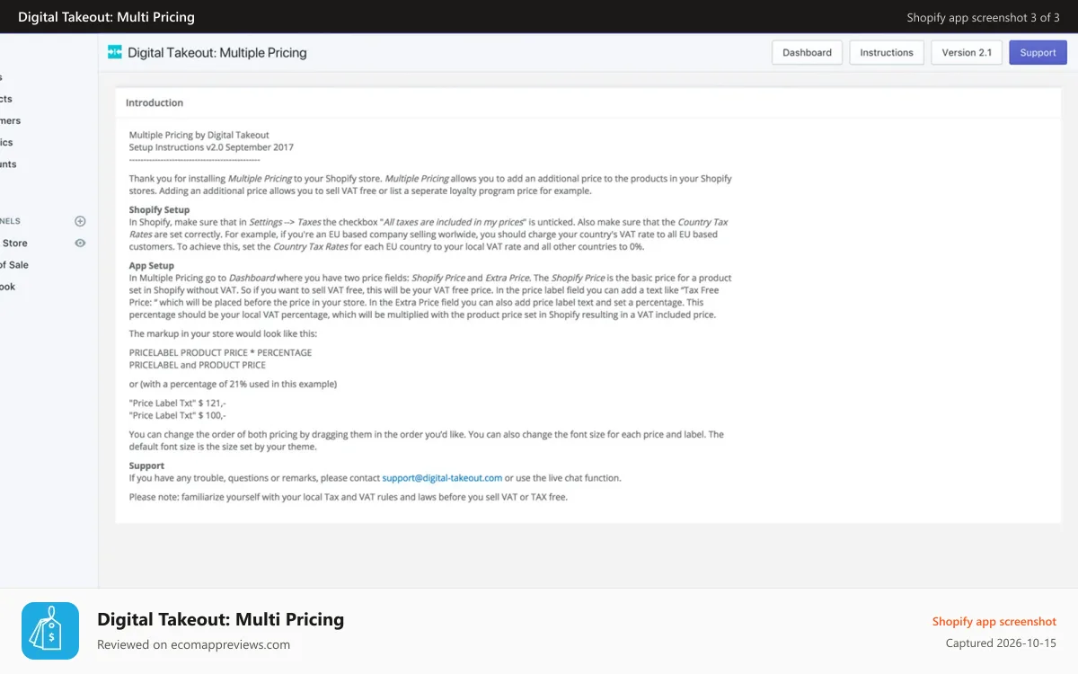 Digital Takeout: Multi Pricing Shopify app screenshot: Clear instructions and support.